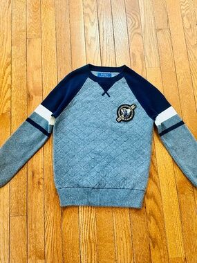 Polo Ralph Lauren Boys Quilted Sweatshirt Gray & Navy Crewneck Pullover Size 8